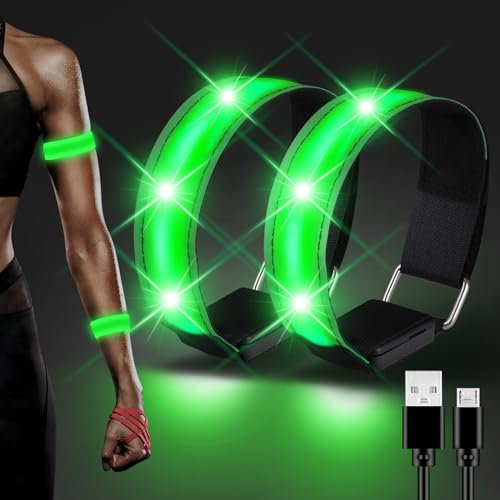 JIZZU LED Reflective Rechargeable, Pack of 2 LED Safety Bracelets, USB Reflective Band, LED Light Bracelet, Light Strip Children for Night Running, Cycling, Jogging, Dog Hiking, Outdoor Sports-Grün
