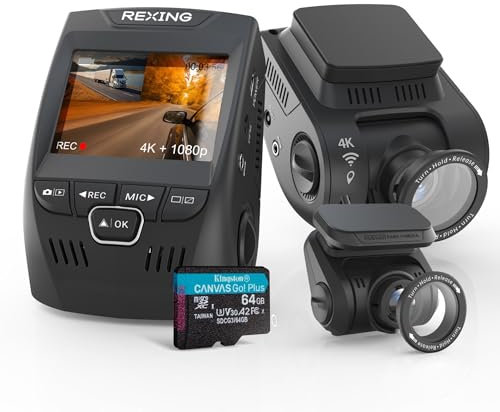 RexingUSA V1P SE 4K Dual Dash Cam mit GPS, WLAN und 2 CPL-Filter, 512 GB Unterstützung, vorne 2160p, hinten 1080p, 170° Winkel, G-Sensor, WDR, Loop-Aufnahme, Parkmonitor, 64 GB Speicherkarte im
