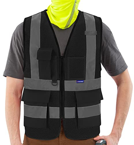 AYKRM Sicherheitsweste Netz Warnweste Schwarz Reflektierendes WarnschutzWeste Warnweste mit Reflektorstreifen mit Reißverschluss und Taschen Arbeitsweste
