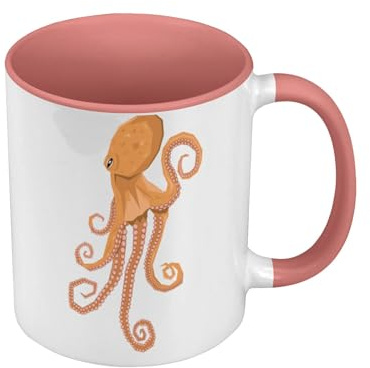 Premium Quality Colour Mug Pink – Orange Octopus Illustration Sea Ocean – Mug with Handle and Coloured Interior