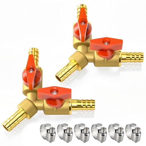 Bwintech 2 Pcs 10mm 3 Way Brass Hose Barb Ball Valve, Y Shape 2 Switch Shut Off Valve Fitting with 6 Pcs Hose Clamps
