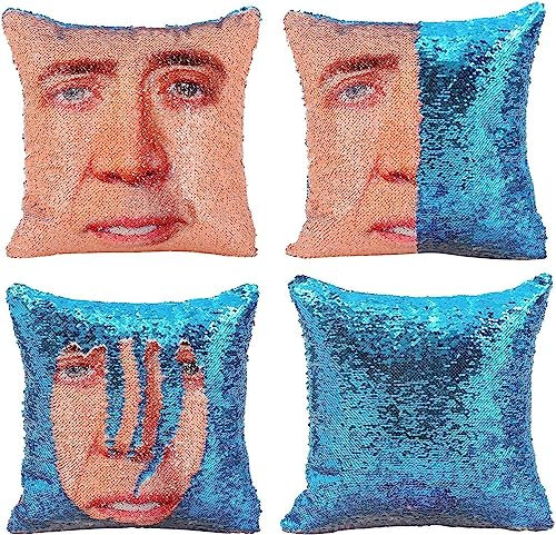 BONFUN 16x16In Nicolas Cage Pailletten Kissen Abdeckung Magic Reversible Funny Pailletten Kissen Fall Dekorative Kissen Abdeckung (Color : Blue, Size : 16*16)