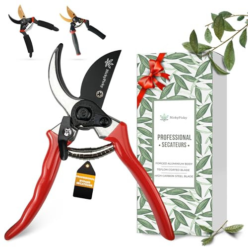 NickyPicky Garden Secateurs - High Carbon Steel, Bypass Secateurs - Ergonomic Handle with Strong Grip, Secateurs & Pruning Scissors for Trimming - Garden Pruners, for Healthy Plant Growth - Red