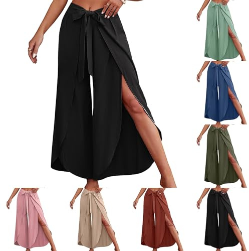 Culottes Hosen Damen Leichte Sommerhose Damen Wickelhose mit Schlitz Weites Bein Rüschen Hose Damen Sommer Yogahose Leicht Luftige Sommerhosen Plissee Bequeme Sporthose für Frauen Schlaghose