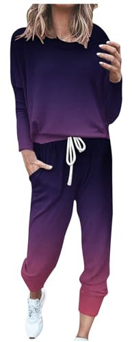 EMATOP Zweiteiler Outfit Damen Langarm Casual Tracksuit Sport Baumwolle Trainingsanzug Sweatshirt und Jogginghose Sportanzug Bunt Farbverlauf Freizeitanzug Taschen Sportswear angebote