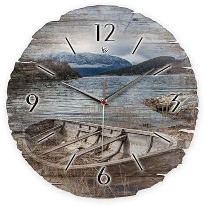 Kreative Feder Runde Wanduhr „Boot“ aus Naturholz mit flüsterleisem Uhrwerk; Durchmesser 30cm (Boot, leises Funkuhrwerk)