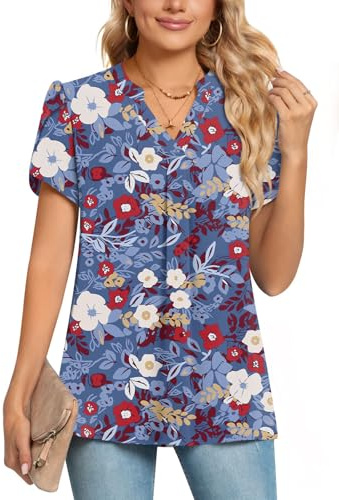 POPYOUNG Womens Summer Casual Chiffon Petal Sleeves Office Blouses V Neck Business Tops Work Shirts L,Blue Mix Floral