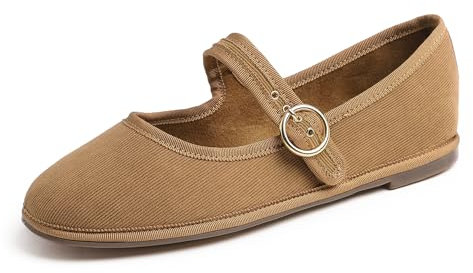 Feversole Mary Jane Halbschuhe,Flach Freizeit Tanzschuhe,Kamel Kord Mary Jane mit runder Schnalle 39