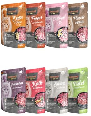 Leonardo Frischebeutel 8x85g | Katzenfutter | Nassfutter | Multi Bundle | Sparpaket | Pouch | Verschiedene Sorten (85g, Mix 2 Ente, Fasan, Geflügel, Fleischmenü, Kaninchen, Kalb, Lamm, Wild)