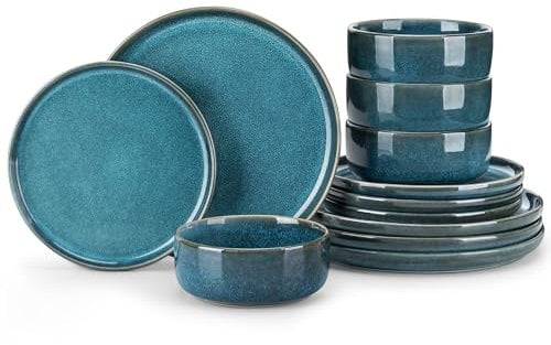 vancasso Service de Table pour 4 Personnes – 12 Pièces en Grès, Service Complet Moderne, 4 Assiettes Plates de 26 cm, 4 Assiettes à Dessert de 21 cm, 4 Bols de 640 ml, Bleu, Série VEGA