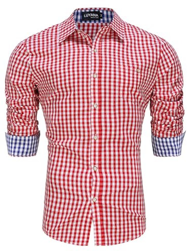 LUYANA Oktoberfest Trachtenhemd für Herren Trachten Karo-Hemd Langarm Freizeithemd mit Tasche Rot XL