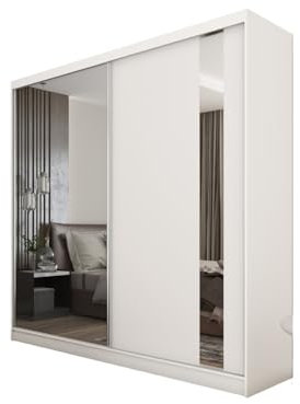 Margaret Hadas24 Kleiderschrank Gabo mit Spiegel, Organizer, Mehrzweckschrank, Schwebetürenschrank, Garderobenschrank, Kleiderstange, Kleiderständer, Flurschrank, Garderobe, Schrank, weiß, 200 cm