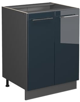 Vicco Küchenunterschrank Fame-Line, Dunkelblau Hochglanz/Anthrazit, 60 cm, AP Marmor