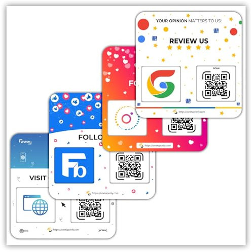 Paquete de 4 placas QR para redes sociales, obtén más seguidores y aumenta tu presencia, soporte de revisión, letrero de revisión de código QR, adhesivo en la parte posterior