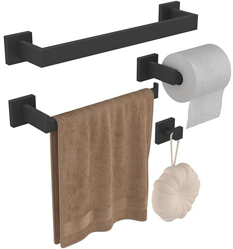 GOOPOOL Porta Asciugamani Bagno 4 Pezzi Portasciugamani Set di Accessori di Ferramenta di Bagno di Parete, per Asciugamani, 40cm, Porta Salviette e Carta Igienica, Ganci Acciaio Inossidabile Nero