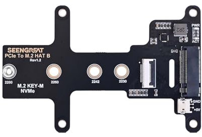 SEENGREAT PCIe to M.2 HAT B Adapter Board for Raspberry Pi 5, Supports Gen2/Gen3, SSD Booting, Sizes 2230/2242/2260/2280, Airflow Optimized with Onboard Indicators