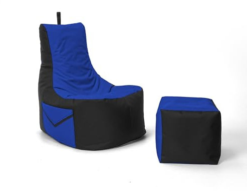 Nadimaideal Gaming Sitzsack XXL mit Hocker für Kinder, Teenager & Erwachsene | Indoor & Outdoor | Bodenkissen - Sessel - Beanbag bereits gefüllt | Füllung EPS Perlen (Blau, Zweifarbig)