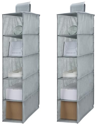 Minnhua 2 Stück Hängeregal Stoff mit 5 Fächer, Zusammenklappbar Hängeaufbewahrun, Kleiderschrank Organizer, Ordnungssystem Kleiderschrank für Kleiderschränke in unterschiedlichen Höhen (Grau)