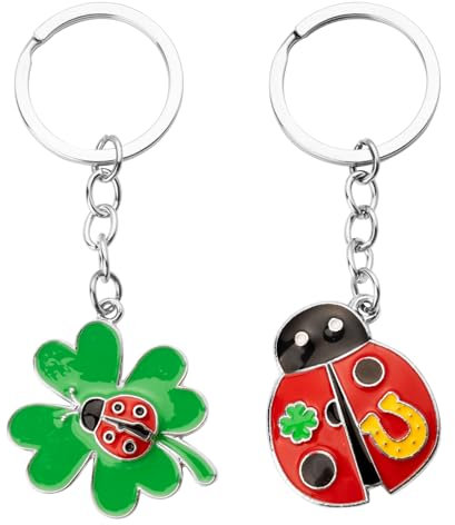 2pcs Porte-Clé de Trèfle Quatre Feuilles Coccinelle Keychain Motif Porte Bonheur Fortune Cadeau de Nouvel An pour Amis Famille
