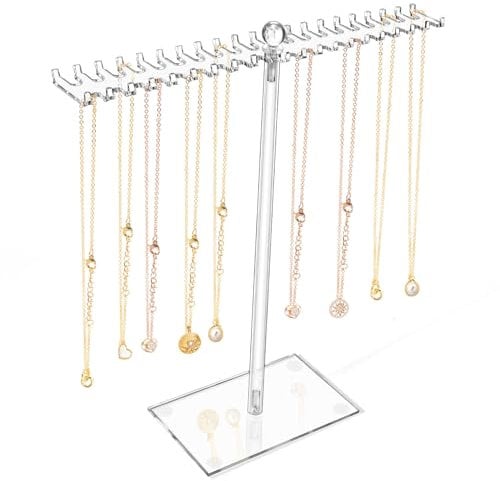 MOFASVIGI Acrylic Necklace Display Stand, Clear Hanging Jewellery Organiser Stand Holder Jewelry Organizer Display Hanger Rack with Bilateral Hooks for Necklaces Pendant Bracelets Ring 35 * 29 * 15CM