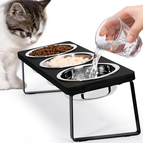 Elevated Cat Bowls for Food and Water: 15° Tilted Raised Cat Bowl Set Whisker Friendly 3 Black Stainless Steel Anti Vomiting Cat Dishes with Stand for Indoor Kitty Kittens and Pet