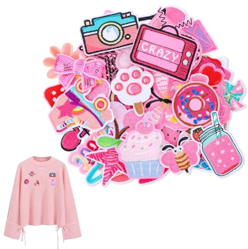 36 Pcs Pink Iron on Patches for Clothing Sew on Patches Iron-On Patches Embroidered Applique Patches, Hat, Pant, Shoe, Bags, DIY Accessories