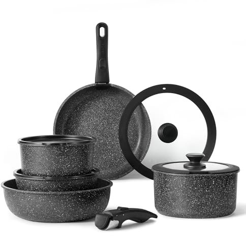 CAROTE Lot de 15 casseroles avec poignées amovibles, anti-adhésives, compatibles avec plaques à induction, passent au four/lave-vaisselle, sans PTFE/PFOA, Noir