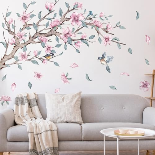 WandSticker4U®- Grand stickers muraux FLEURS de CERISIER rose (120x100 cm) I Autocollant mural fleur arbre branche plantes oiseaux I Déco murale salon chambre adulte enfant cuisine couloir GRAND