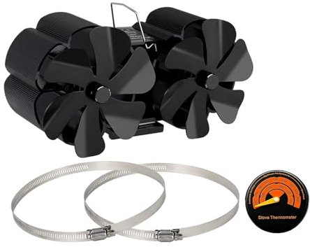 DUNSBY Ofenventilator Kaminventilator, 12-Blatt-Ofenventilator mit Wärmeantrieb, doppelter wandmontierter Kaminofenventilator, leise, warme Wärmeverteilung im Haushalt(with Thermometer)