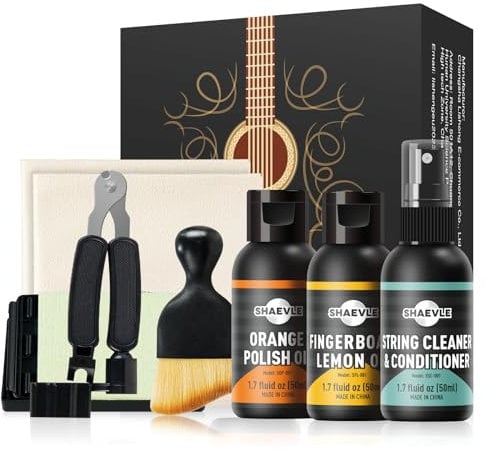 Acoustic Guitar Cleaning Kit: Orange Polish Oil,Fingerboard Lemon Oil,String Cleaner,Guitar String Winder,String Brush,Cleaning Cloth&String Cleaner Cloth for Guitar Cleaning and Maintenance