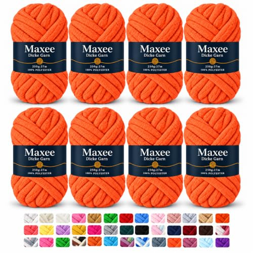 Maxee Dicke Wolle 8 x 250 g, XXL Chunky Garn zum Armstricken und Handstricken, weiches Roving-Garn zum Häkeln und Stricken für Decken, Kissen, Teppiche und Haustierbetten-32-Orange Gelb