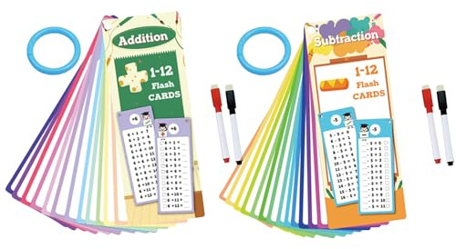 Einmaleins-Karteikarten, Additions-, Subtraktions-, Multiplikations- und Divisionstabellen für Kinder, Mathe-Karteikarten für die 1. bis 3. Klasse mit 4 trocken abwischbaren Stiften und 2 Ringen