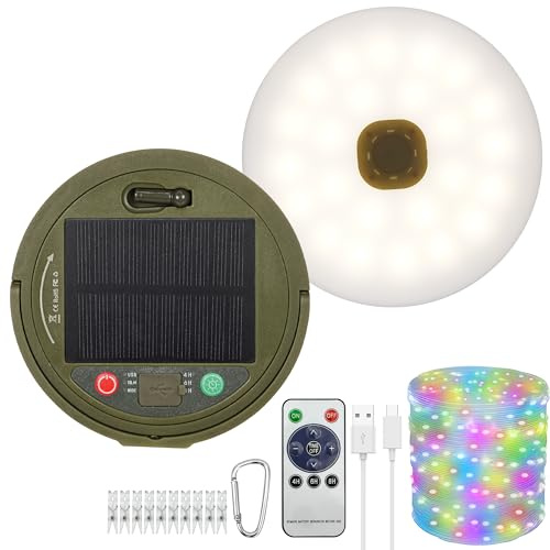 plainshe 10m Solar Camping Lichterkette Aufrollbar, USB Wiederaufladbar, 1800mAh, 8 Beleuchtungsmodi, IP44 Spritzwassergeschützt und Verstaubar Tragbar für Camping, Zelte (RGB/Solar and Usb Charge)