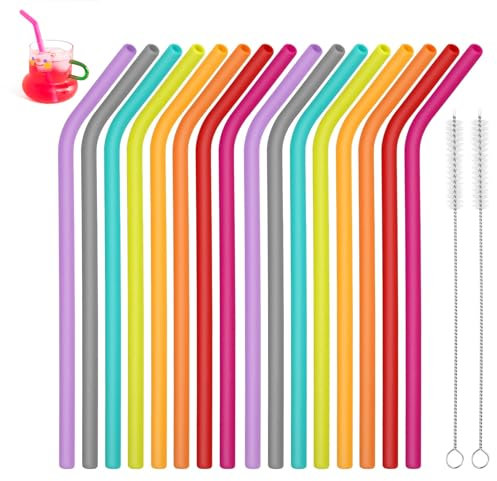 16 Stück Silikon Strohhalme,Strohhalme Kinder,Silikon Strohhalme Kinder,Strohhalme Wiederverwendbar Mit 2 Strohhalm Reinigungsbürste,Für Cocktails, Säfte, Milchtee, Für Kinder Und Erwachsene