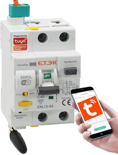 Diferencial Rearmable por WIFI - 40A 30mA - RCBO con Protección contra Sobrecorriente - Superinmunizado Clase A - Control Remoto vía Tuya App