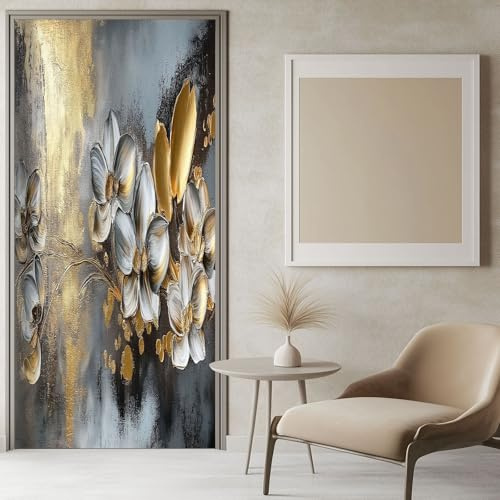 Türtapete Selbstklebend Goldene Blumen-Collage 90x200 cm Graugold Türposter Fototapete PVC Türaufkleber DIY Türbild, Türfolie Poster Tapete Küche Bad Dekoration