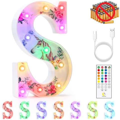mooncow Rechargeable Unicorn Light Up Letters，Durable Marquee Letters,Colorful Initial Night Light with Remote,Wall Decor,Bedroom Decor,Party Decoration,Gift Wrap Gifts (S)
