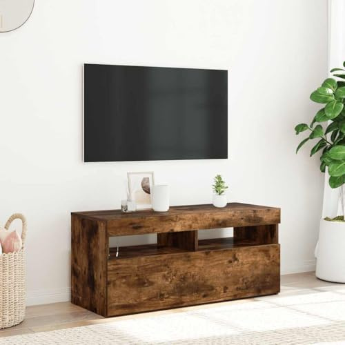 HETFTJN TV Lowboard Räuchereiche 90x35x40 cm mit RGB LED Modernes Holzwerk Sideboard für Wohnzimmer Fernseher Schrank mit USB Möbel für Living Room