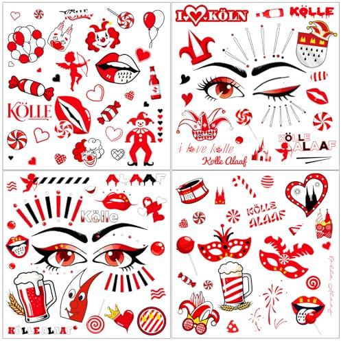 CHIHOLEN 4 Blatt Gesichtstattoo Karneval, Köln Tattoos Karneval, Temporäre Tattoo Kölle Alaaf, Aufkleber Gesicht für Fasching Kostüme, Fasching Schminke Accessoires, Rot Weiss