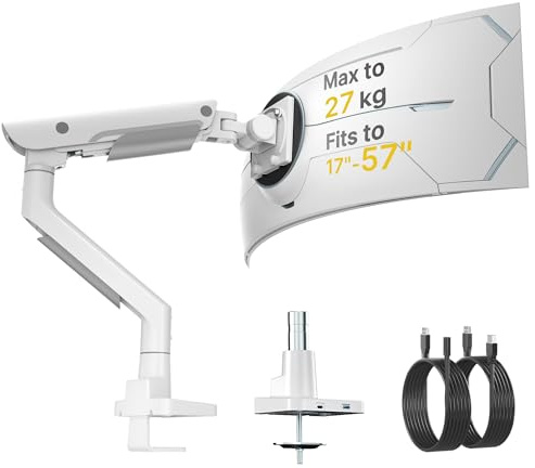 monTEK Monitor Arm with USB 3.0 A/C for 17–57” Screen up to 27KG, White | Heavy Duty Aluminum Single Monitor Mount for Ultrawide Screen, Adjustable Gas Spring Arm, Clamp/Grommet Mount, VESA 75/100