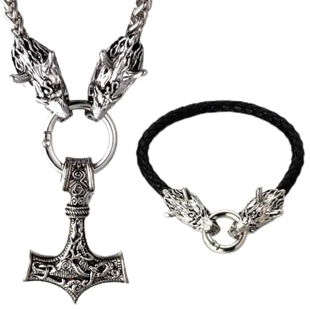 HALUKAKAH Viking Thor's Hammer Necklace for Men - Antiqued Sterling Silver Tone Titanium Steel - with Bracelet Optional - Norse Mythology Jewelry - Male Present