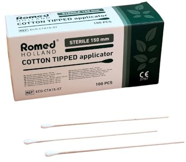 Romed Wattestäbchen 150 mm steril, einseitig, 100 Stück – Pflegestäbchen für medizinische Anwendungen, Holzstab, einzeln verpackt, ECO-CTA15-ST