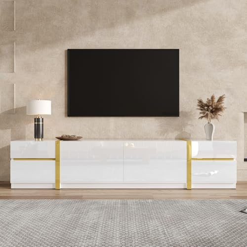 kozamas Meuble bas blanc brillant avec accents dorés - Meuble TV bas avec 4 tiroirs et 2 portes - Meuble TV pour grands téléviseurs - Buffet TV moderne pour salon - 180 cm