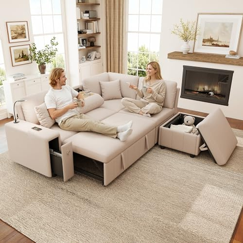 NuvlaGu Sofá cama en forma de L con función de dormir, sofá esquinero con taburete de almacenamiento, mesa de centro plegable, USB y tipo C, luz de lectura, sofá de 5 plazas para salón, habitación de