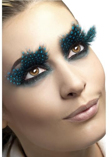 Smiffys Wimpern, Große Feder mit aquamarinblauen Punkten, enthält Klebstoff