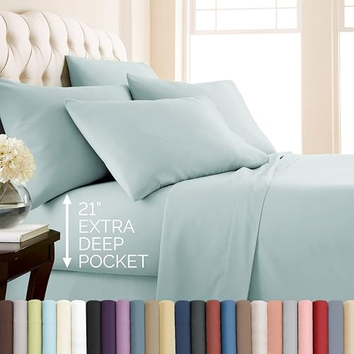 SouthShore Fine Living Inc. 6-teilig, 53.3 cm extra tiefes Taschen-Bettlaken-Set, Premium-Qualität, pflegeleicht, schrumpffreies Bettlaken-Set mit 1 Bettlaken, 1 Spannbetttuch, Sky B. LUE, Cal King