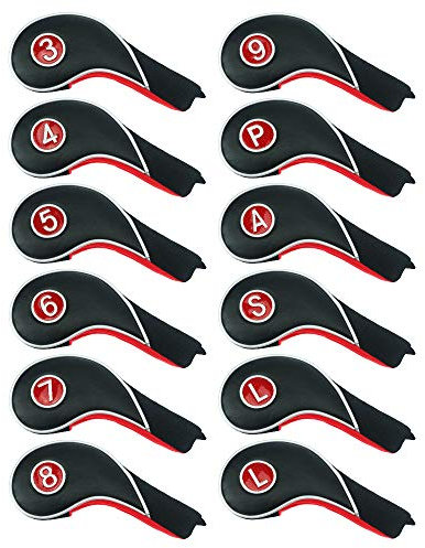 12pcs Golf Iron Putter Head Covers Headcover Set Black & Red Fit All Brands Callaway, Ping, Taylormade, Cobra Etc.