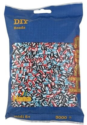 Hama Perlen 201-91 Bügelperlen Beutel mit ca. 3.000 bunten Midi Bastelperlen mit Durchmesser 5 mm im Mix gestreift, kreativer Bastelspaß für Groß und Klein