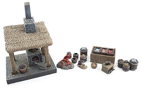 War World Gaming Fantasy Village Schmiede und Marktständen Set - 28mm Fantasie Tabletop Gelände Modell Diorama Modellbau Landschaft Gebäude Wargaming Geländebau Haus Mittelälter