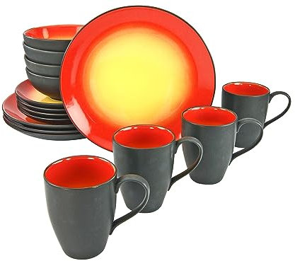 CreaTable, 20200, Serie HOT RED, 16-teiliges Geschirrset, Kombiservice aus Steinzeug, spülmaschinen- und mikrowellengeeignet, Qualitätsproduktion